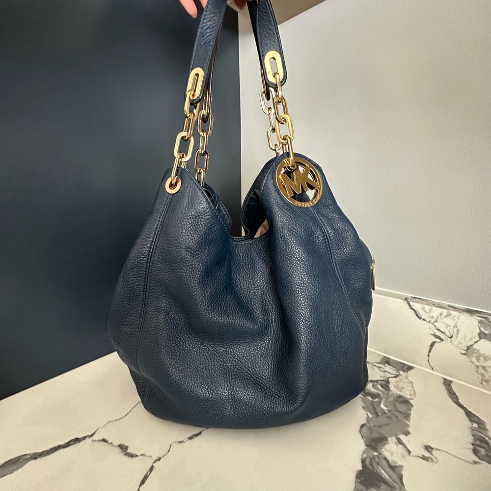 Michael Kors Dark Blue Hobo Bag with Gold Accents